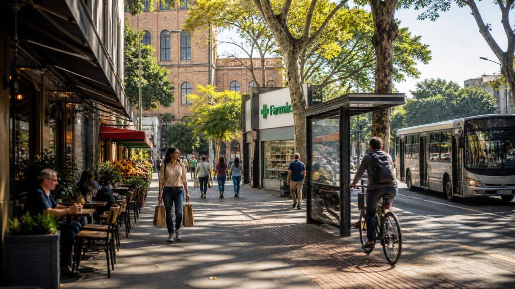 Rua urbana no ABC Paulista com café ao ar livre, farmácia, supermercado, ponto de ônibus e edifício industrial ao fundo.