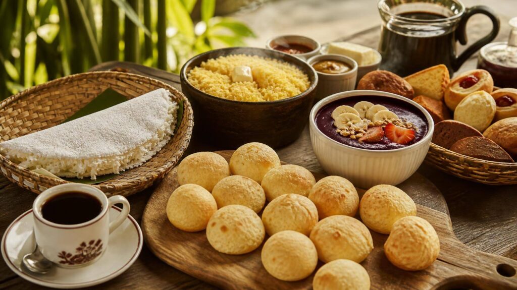 Mesa de café da manhã brasileiro com pão de queijo, cuscuz, tapioca, açaí e café colonial
